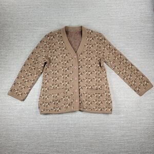 Vintage Floral Thick Knit Cardigan Womens L Mauve Tan Button Front Sweater